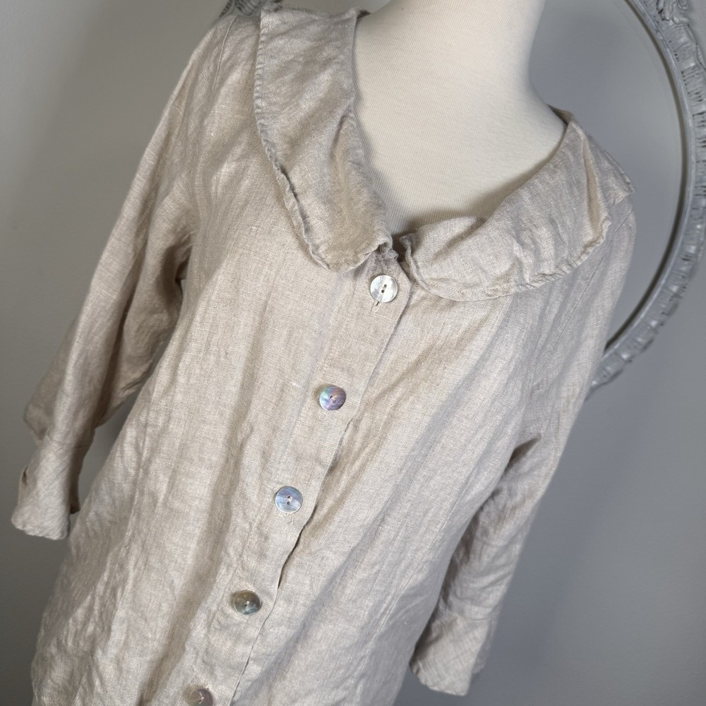Match Point Beige Linen Blouse Sz S Ruffle 3/4 Sleeves Collar Button Front Loose